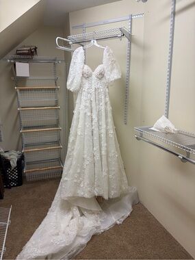 Martina Liana Ivory Lace Bridal Gown with Puff Sleeves